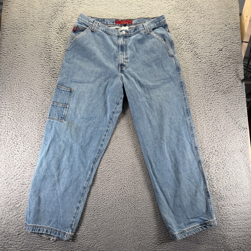 Vintage Guess Jeans Mens 38x32 Blue Cotton Denim Straight Baggy Workwear Travel